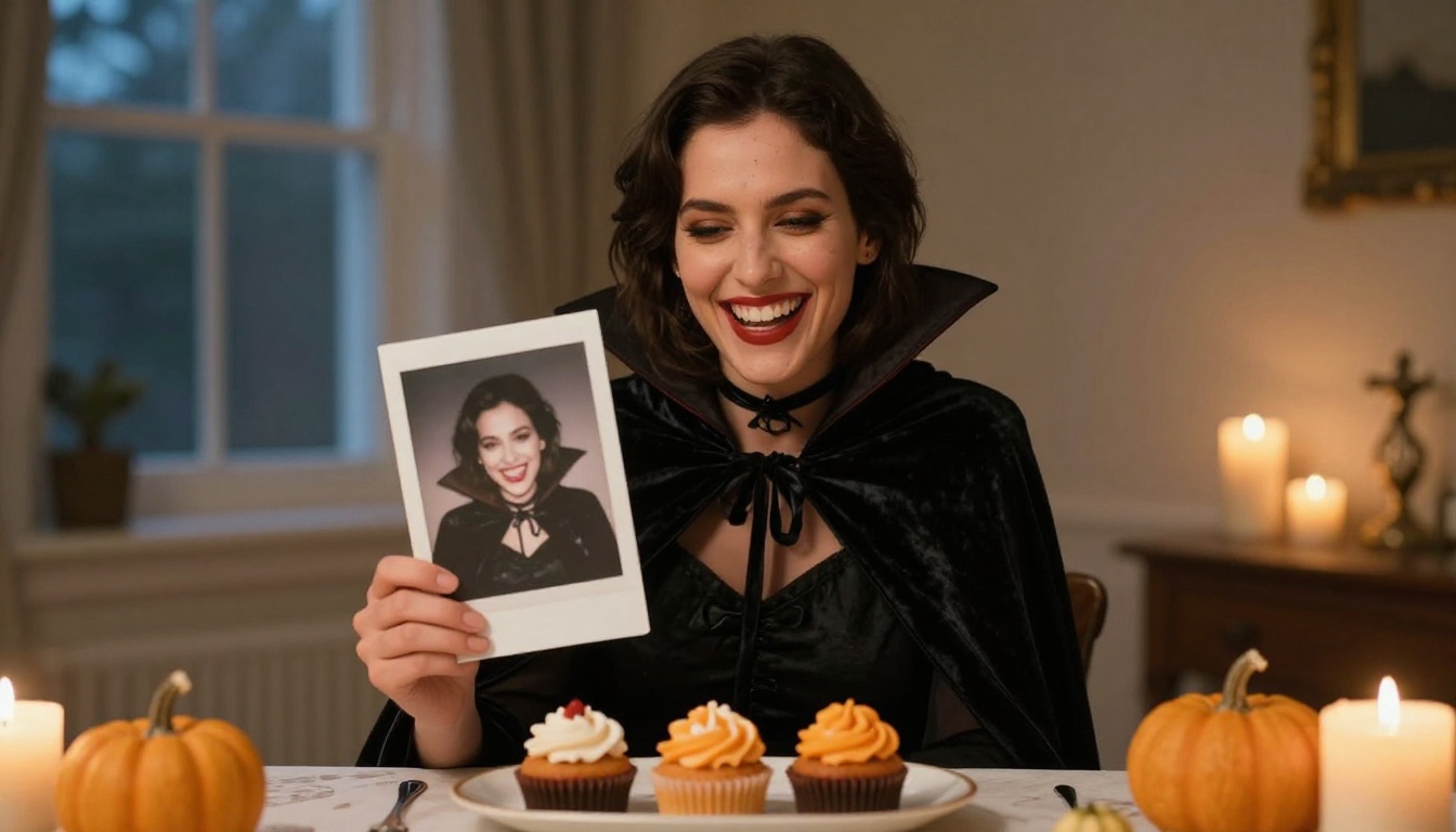Woman in a black velvet vampire cape laughing and holding up a printed photo of her costume portrait at a candlelit table