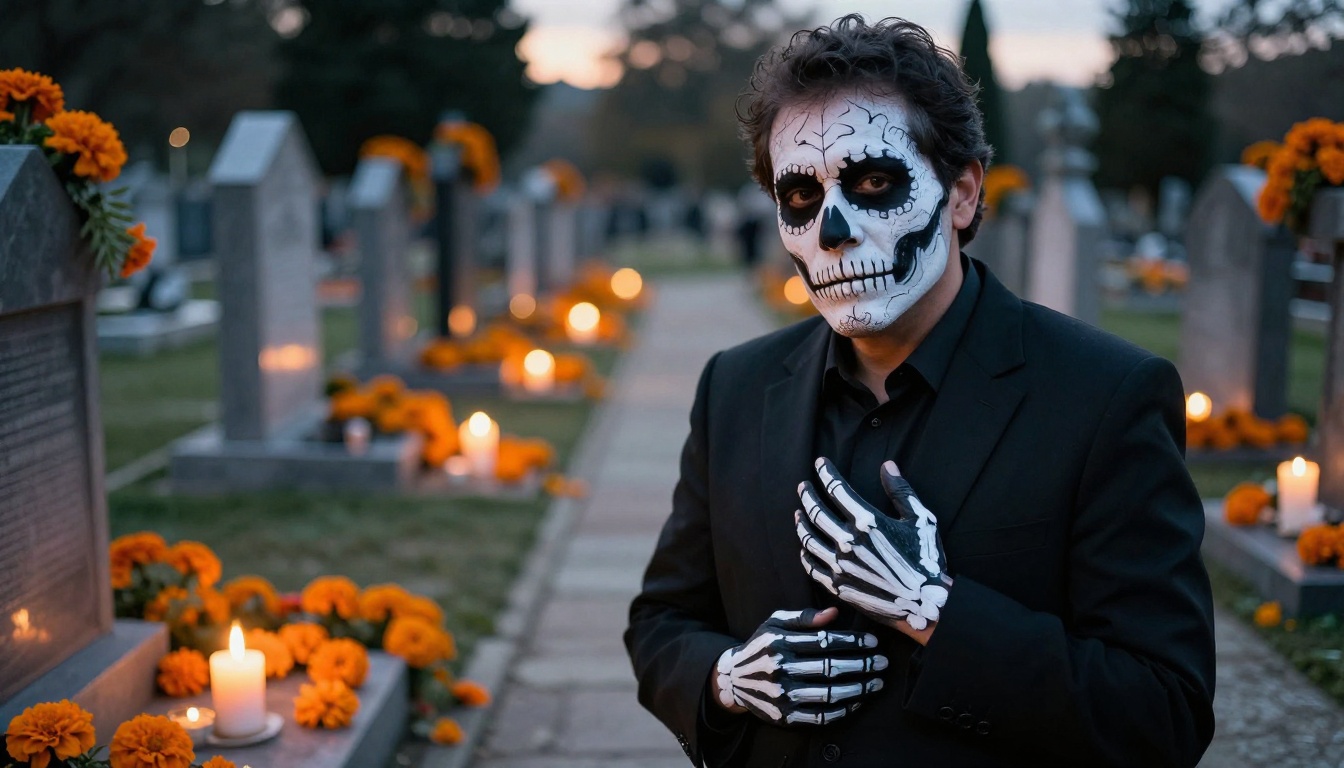 Man in a black suit with painted bones and skull makeup on a cemetery path lined with marigolds