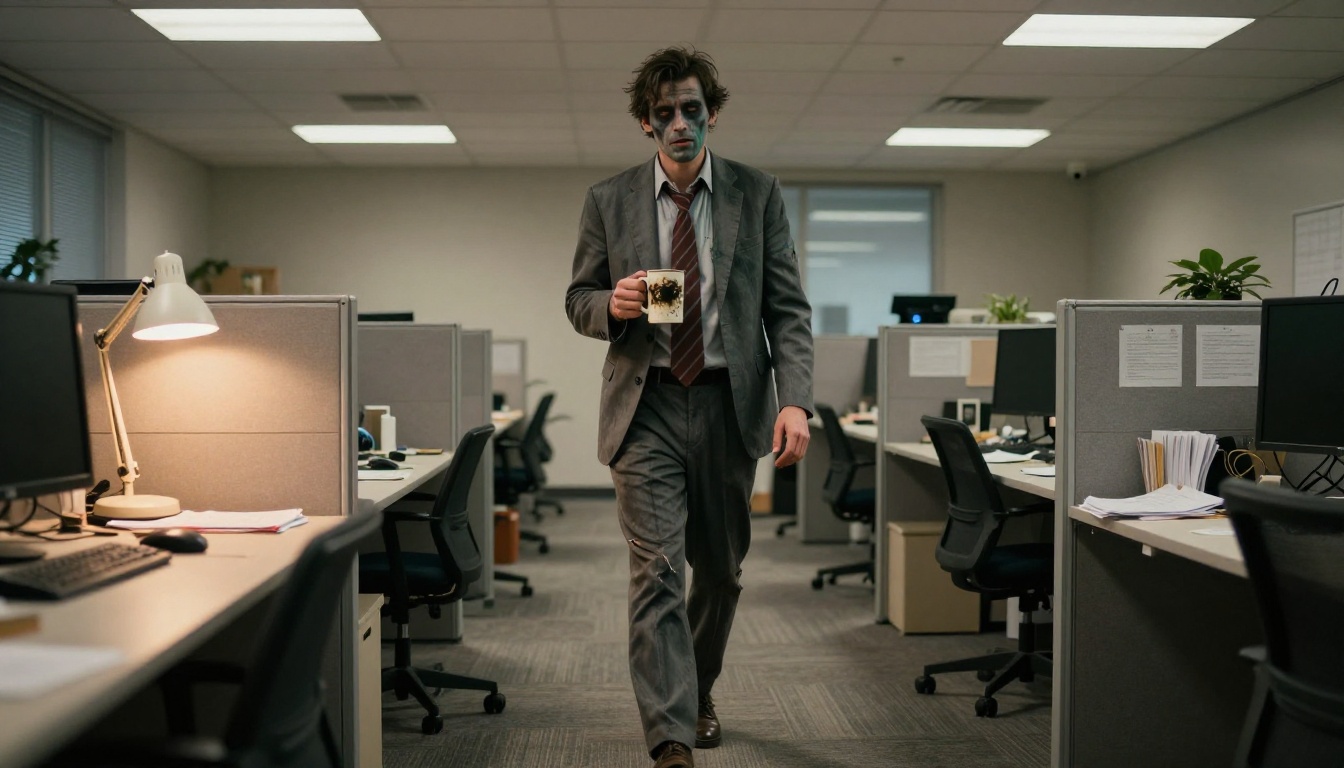 Man dressed as an office zombie in a grey suit and loosened tie walking between cubicles at night