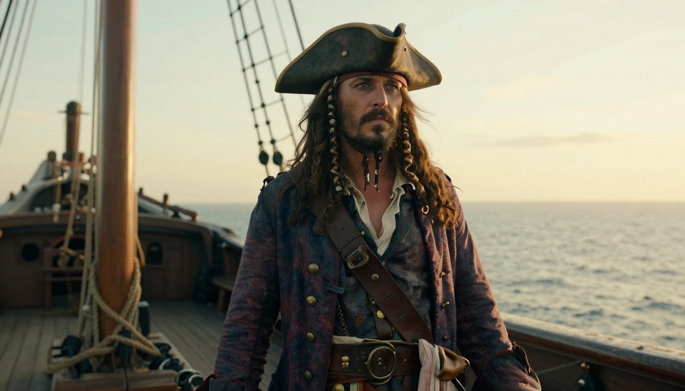 Weathered man dressed as a pirate captain on the wooden deck of an old sailing ship at golden hour