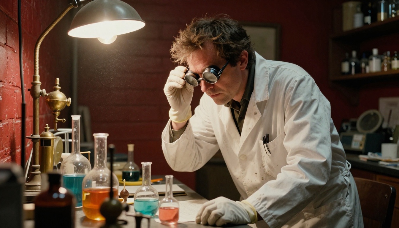 Man dressed as a mad scientist in a stained lab coat bending over a workbench with glass flasks