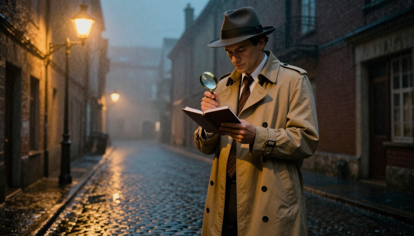 Man in a beige trench coat and fedora standing under a streetlamp in a wet cobblestone alley