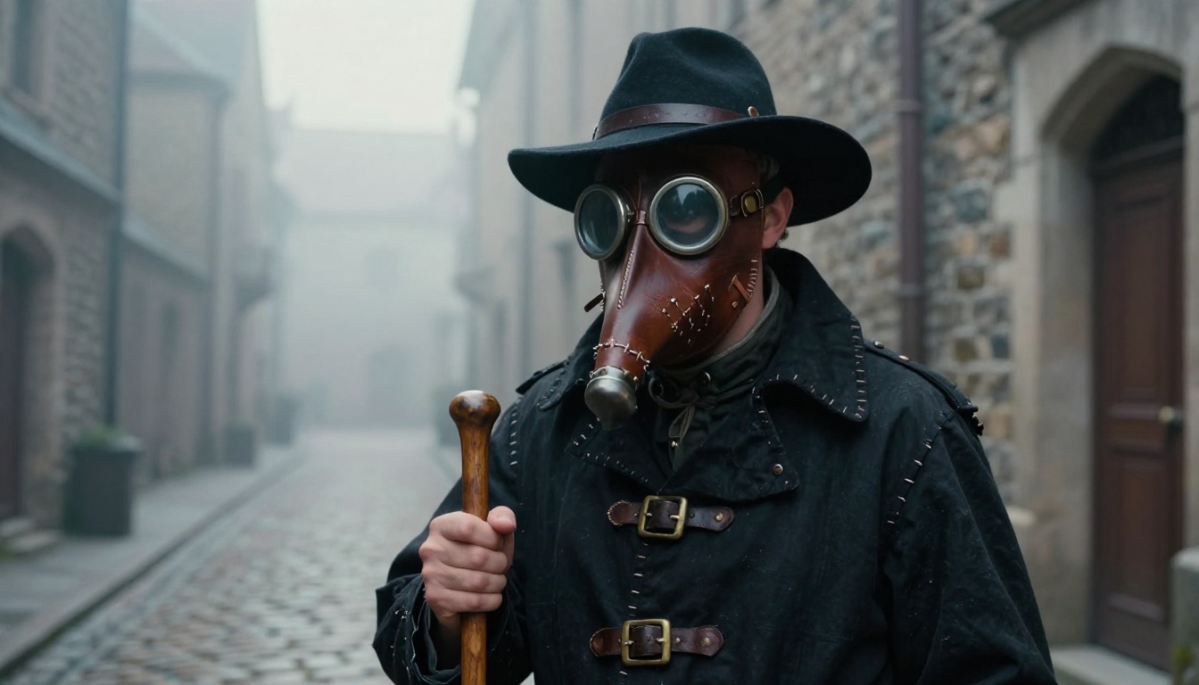 Man in a hand-stitched plague doctor costume with a long leather beaked mask in a narrow stone street