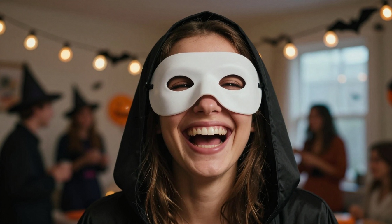 A woman laughing at a Halloween party with a white ghost-face mask pushed up on her forehead