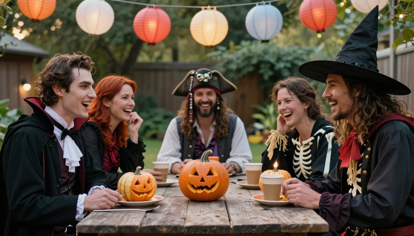 Five adults in vampire, witch, pirate, skeleton and scarecrow costumes laughing around a backyard table
