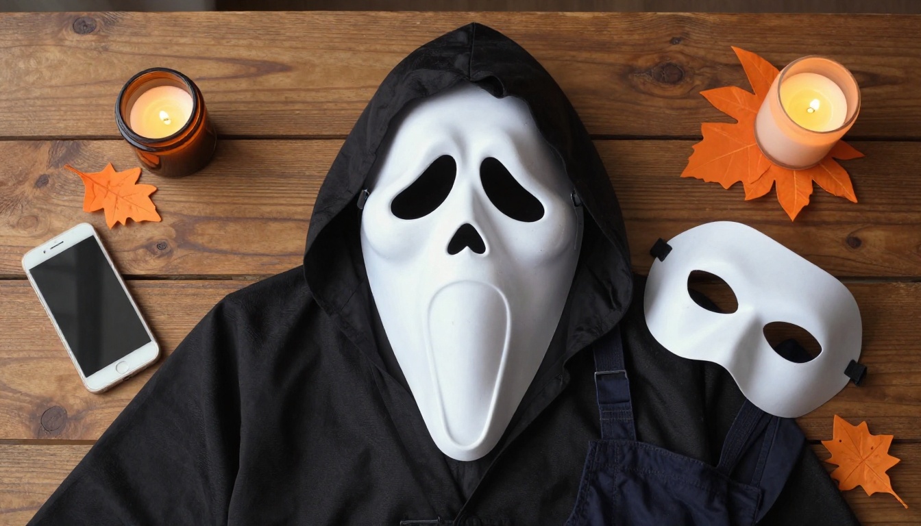 Overhead flat-lay of a white ghost-face mask, black robe, pale blank mask and dark jumpsuit on a wooden table