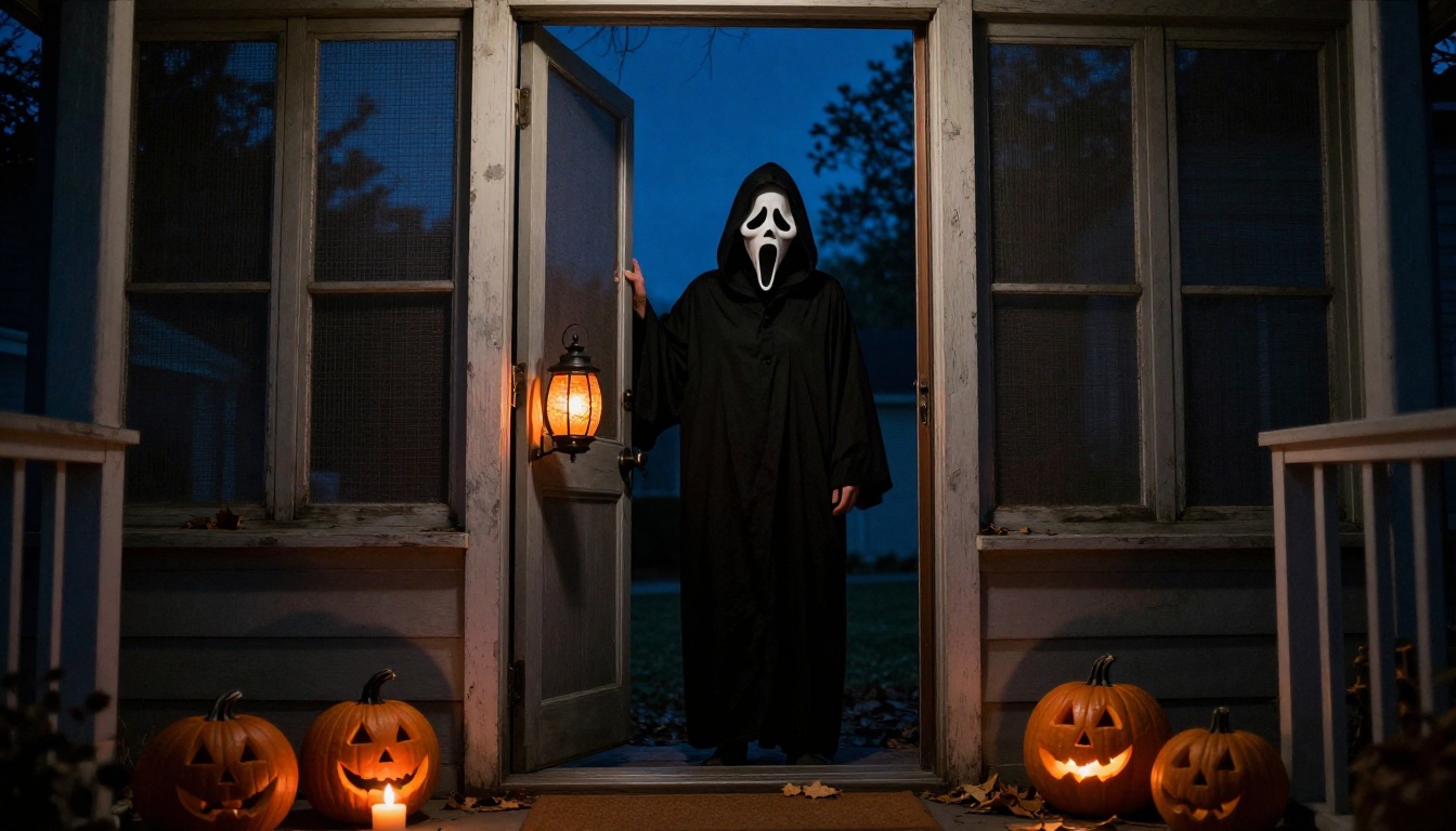 A figure in a white ghost-face mask and black robe on a porch behind an open screen door at night