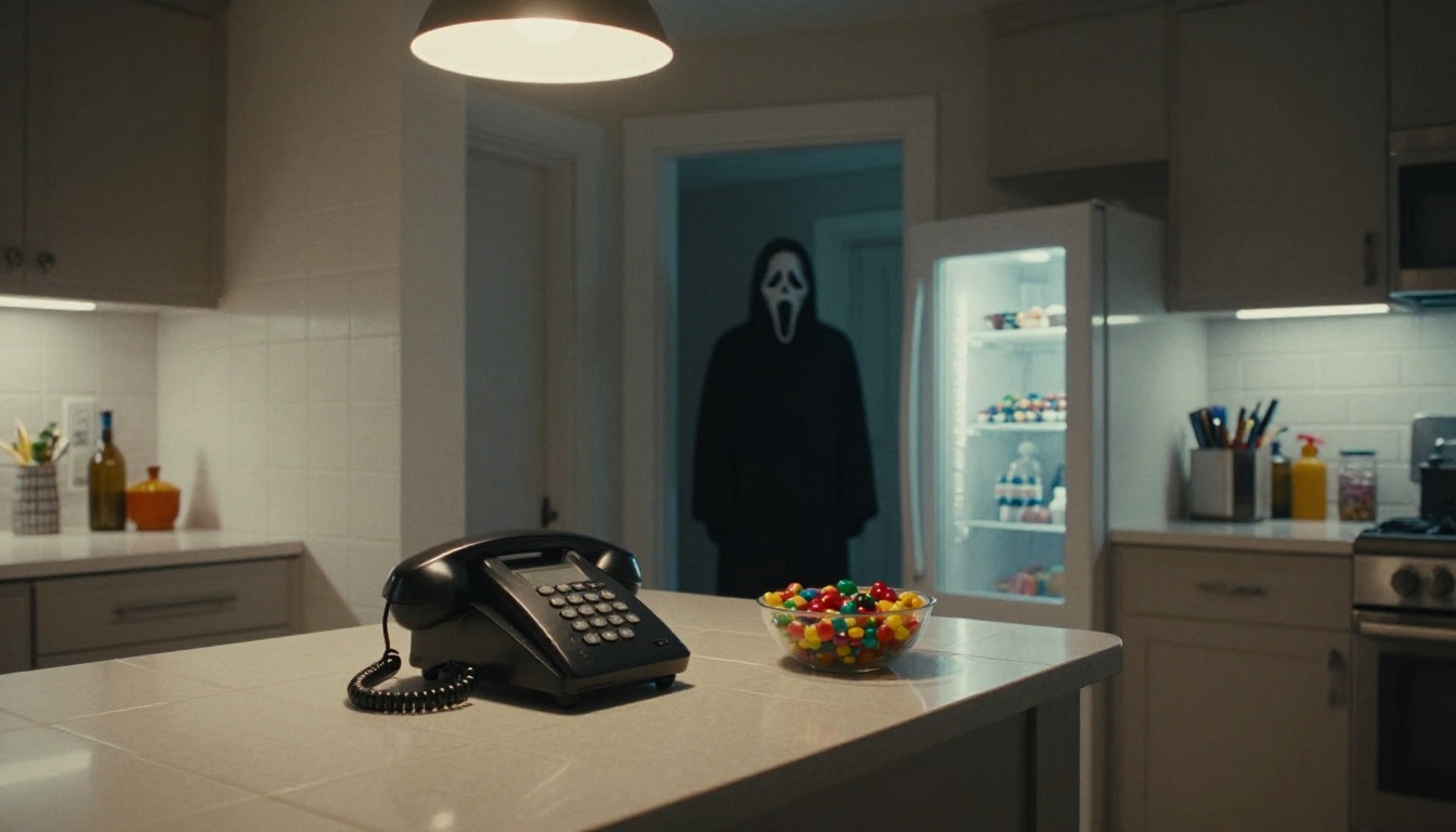 A suburban kitchen at night with a corded phone and candy bowl in focus and a masked figure blurred in the hallway