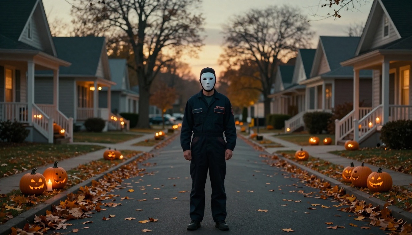A lone figure in a pale blank mask and dark jumpsuit standing in the middle of a suburban street at dusk with carved pumpkins on the porches