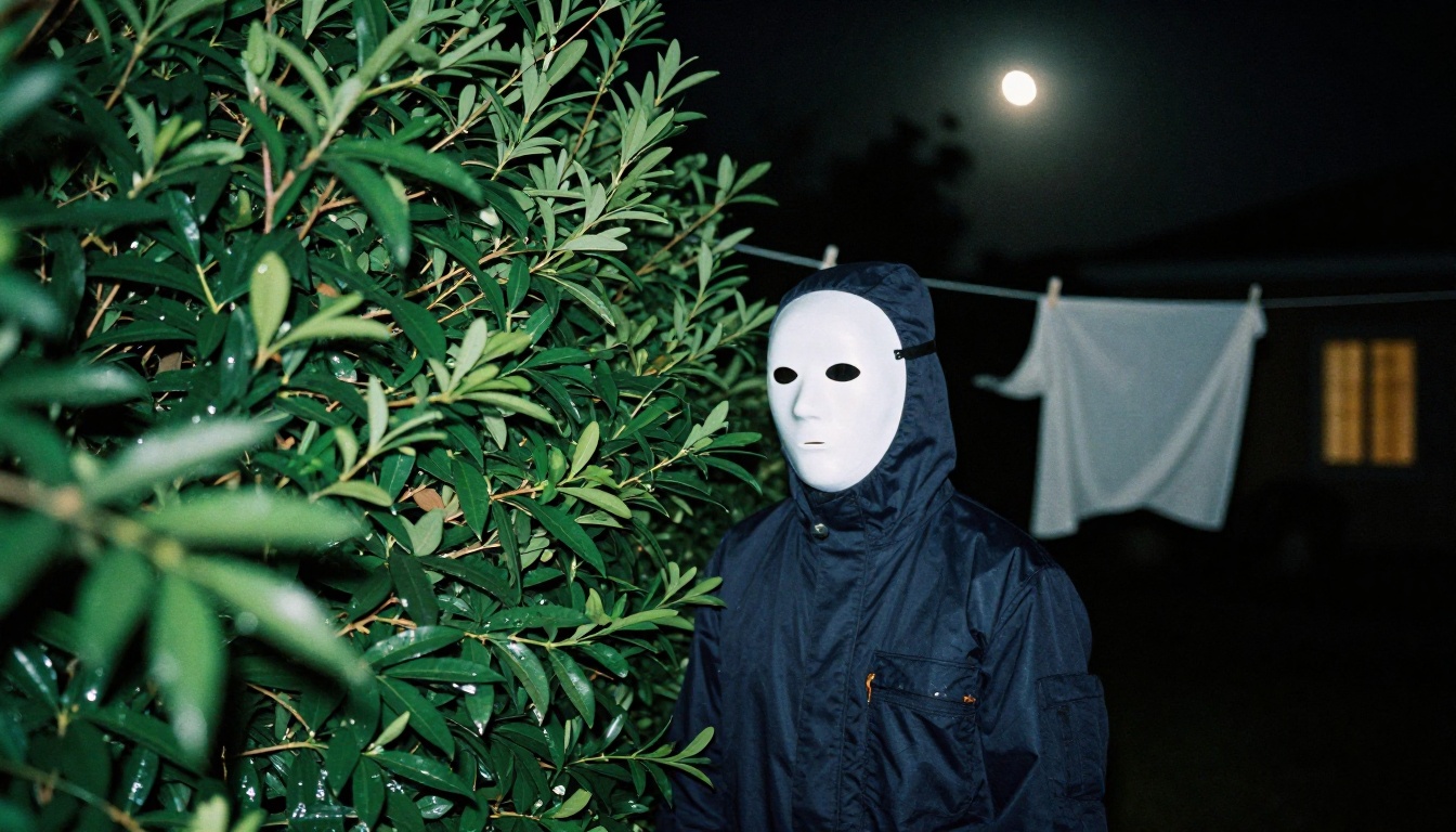A figure in a pale mask and dark jumpsuit half hidden behind a tall green hedge in a moonlit backyard