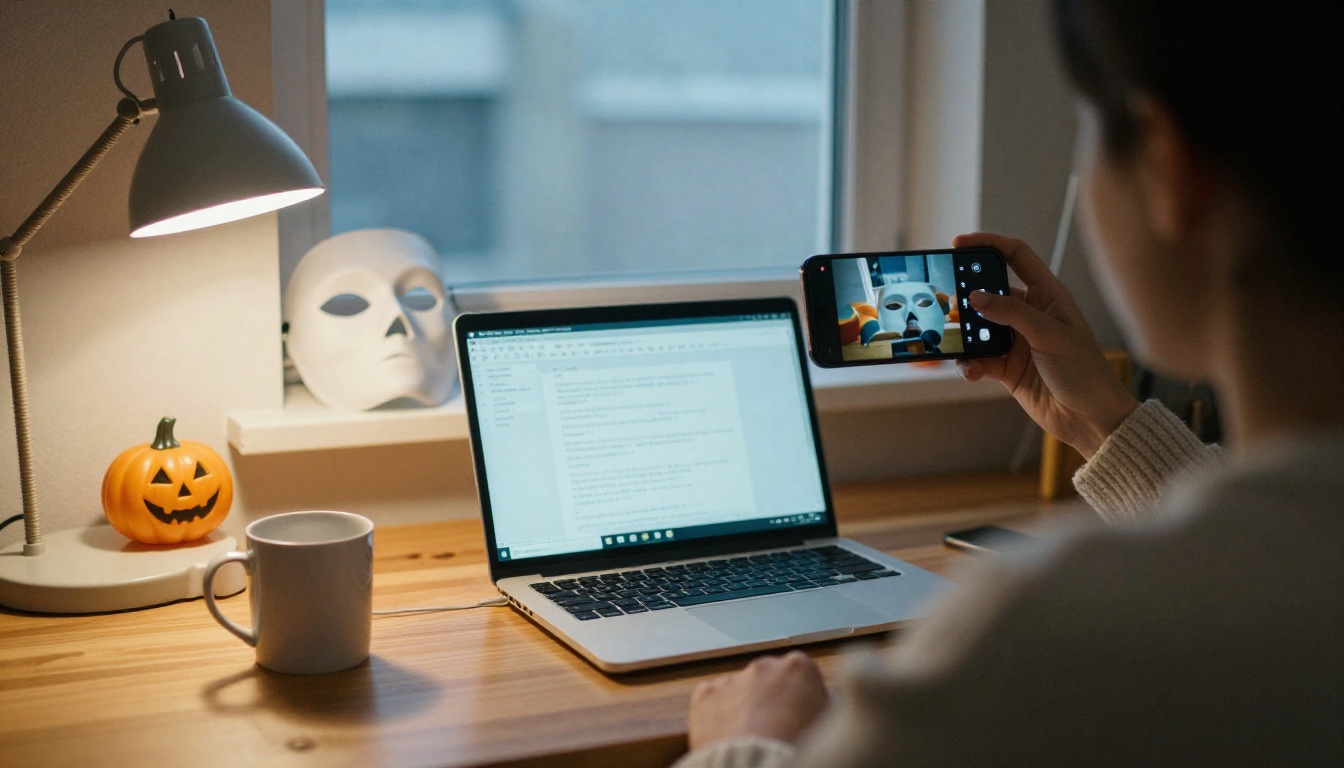 Over-the-shoulder view of a person taking a selfie with a smartphone at a desk with a white mask on the shelf