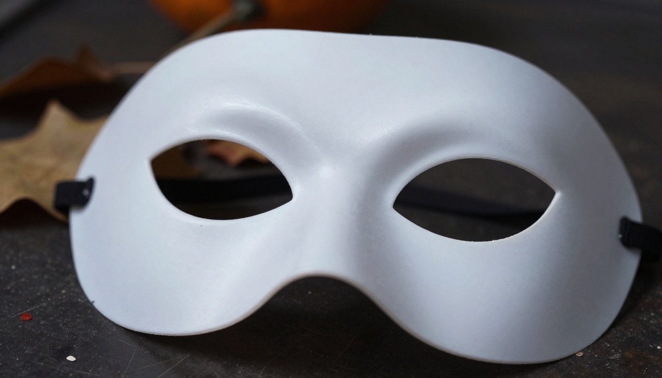 Macro close-up of a white plastic Halloween mask with fine scratches on a dark workbench