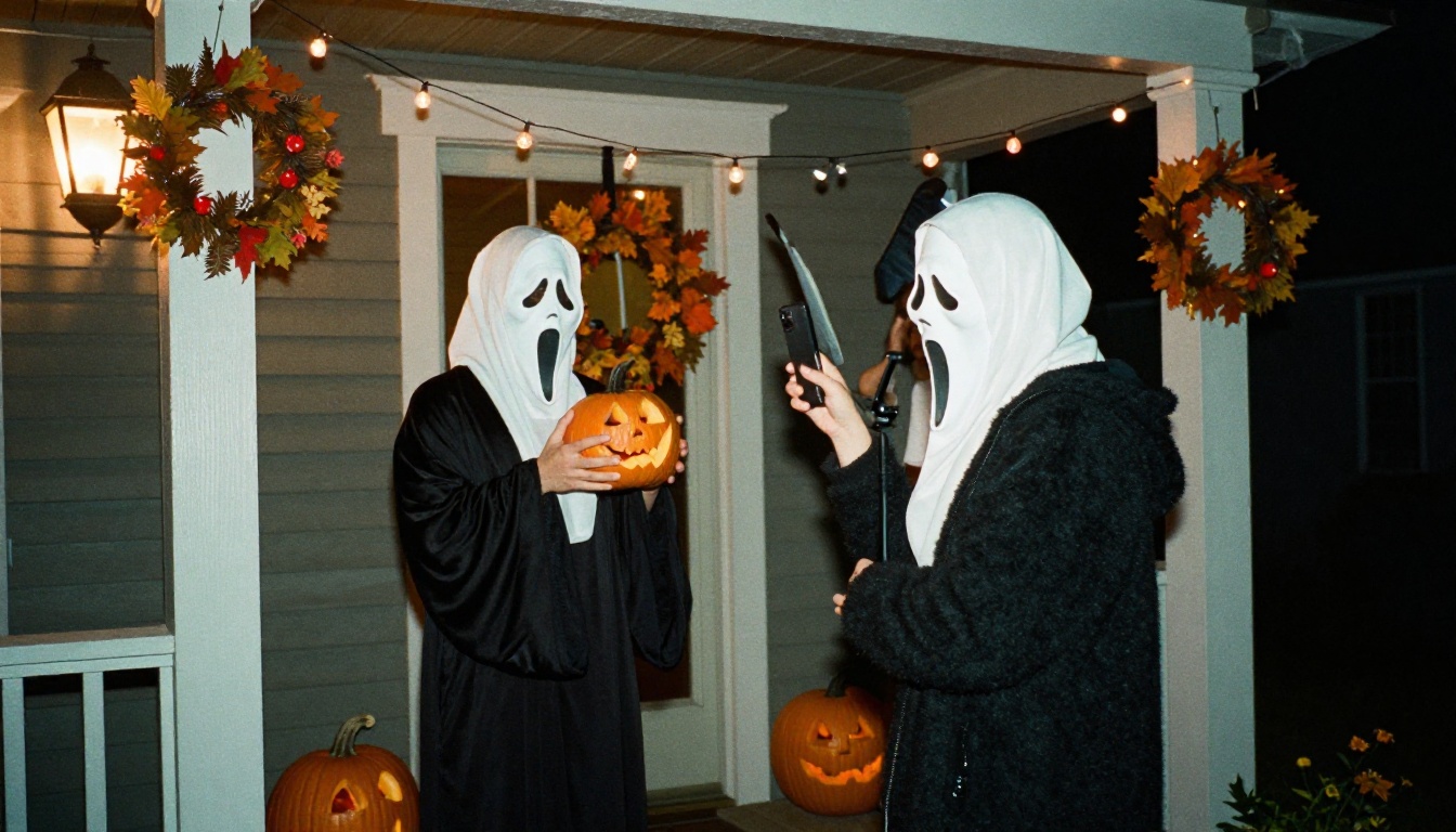 Friends filming a masked person on a porch with a smartphone on a small tripod and a reflector