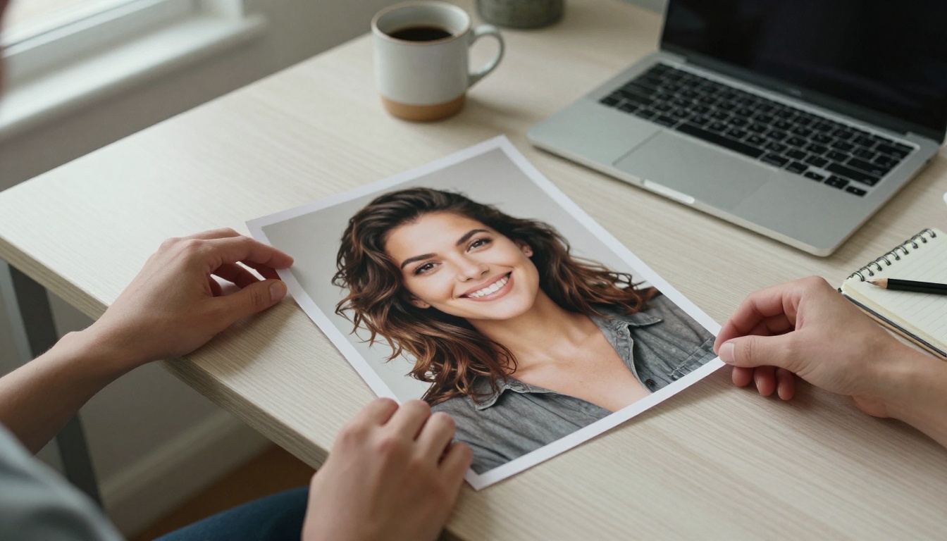 A printed portrait photograph lying on a wooden desk beside a laptop, seen from above