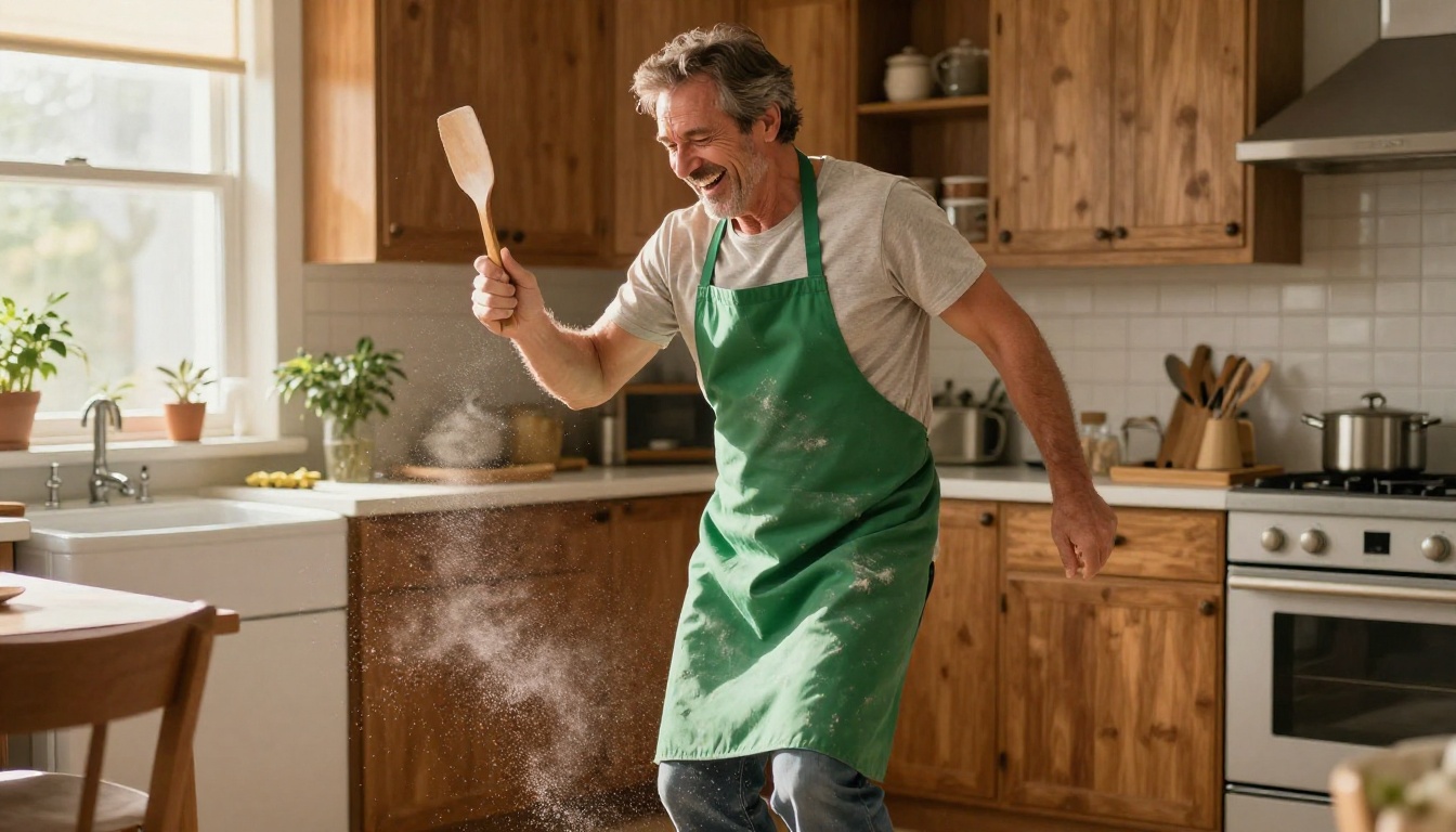 A middle-aged man in a green apron laughing and doing a playful shuffle dance step in a sunlit kitchen