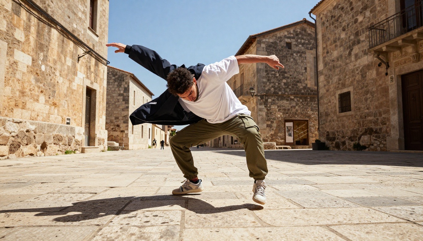 A street dancer caught in a mid-air spin on a sunlit stone plaza, shot from a low angle