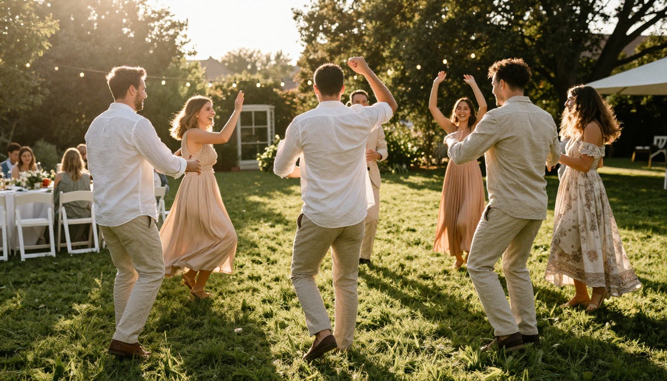 A group of friends dancing together on a lawn at an outdoor wedding at golden hour