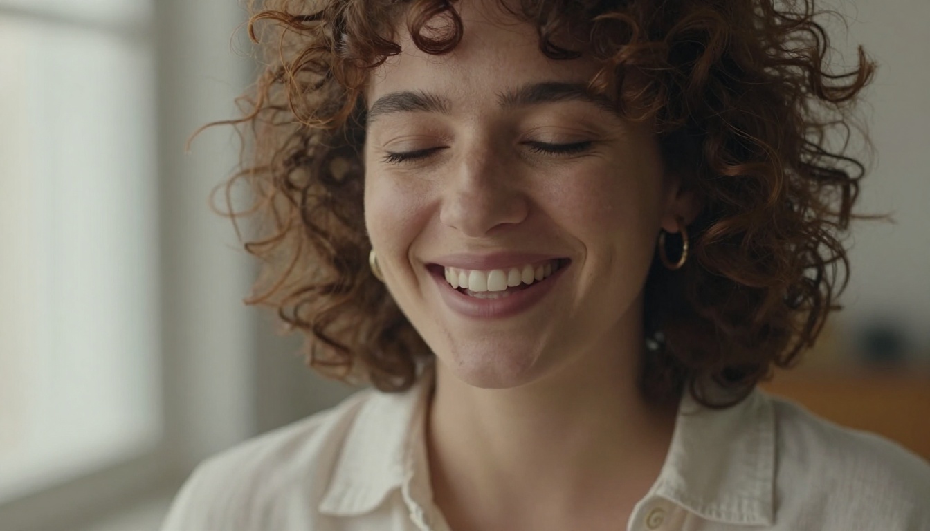 A close-up portrait of a smiling woman with curly auburn hair mid-dance in soft window light