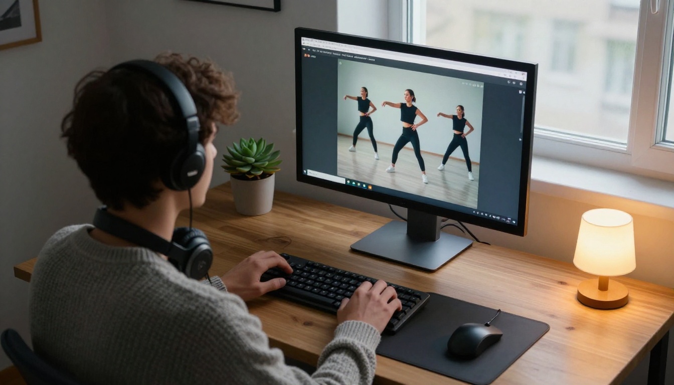 A young man at a wooden desk reviewing a short dance clip on a large monitor
