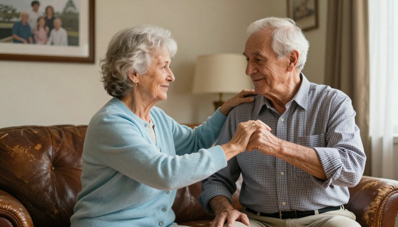 An elderly couple slow dancing in their living room in warm afternoon light