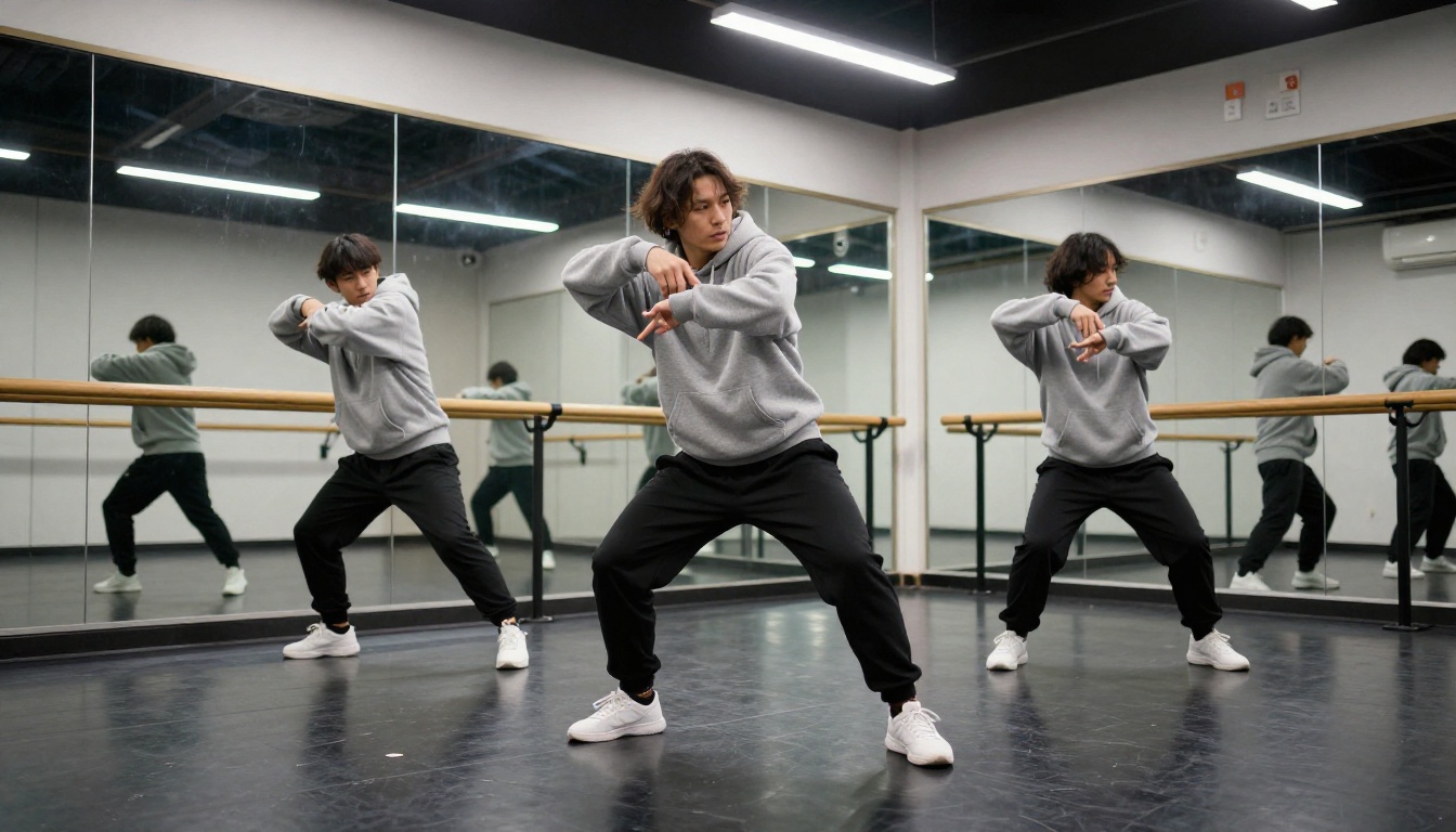 A hip-hop dancer in a gray hoodie striking a sharp pose in a mirrored rehearsal room