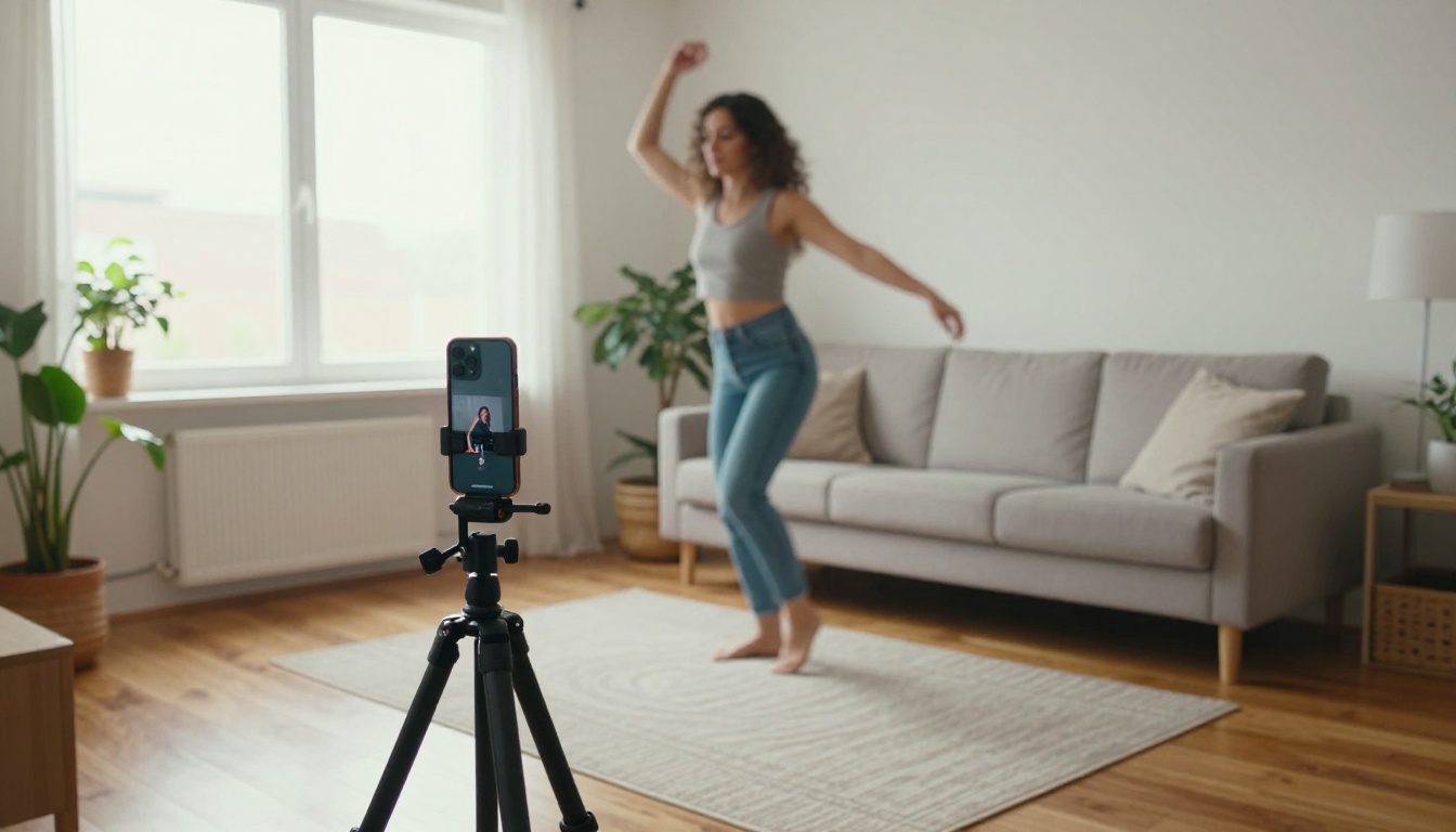 A smartphone on a tripod filming a woman dancing in a bright living room