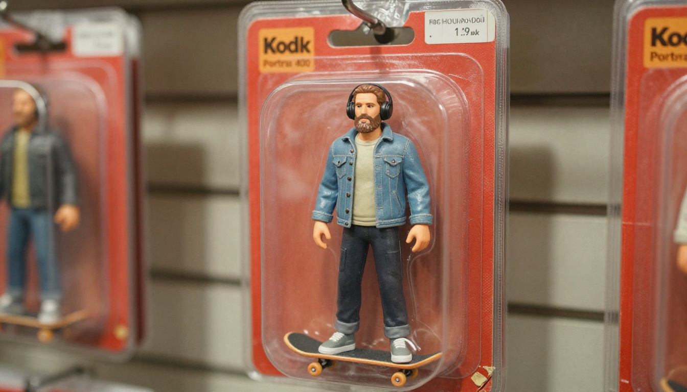 Personalized action figure blister pack hanging from a hook on a retail pegboard