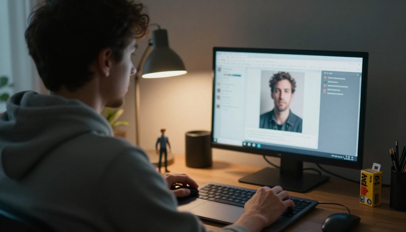 Man at a laptop with a chat window and an uploaded portrait photo, a small action figure beside the screen