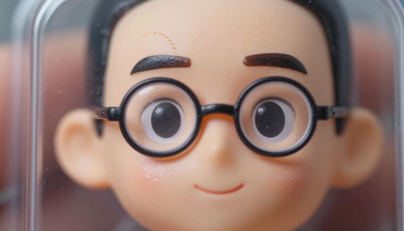 Macro close-up of a painted miniature action figure face inside its packaging