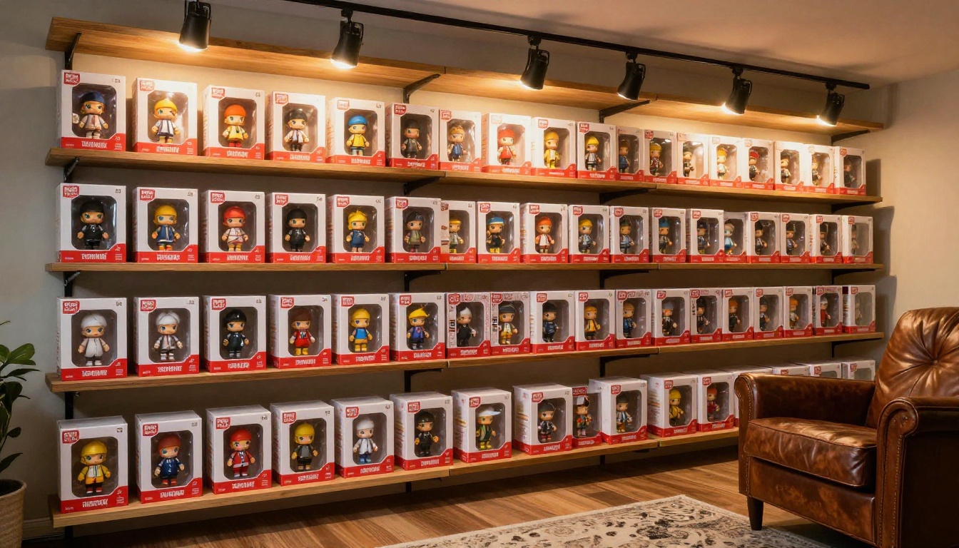 Floor-to-ceiling collector shelf lined with boxed personalized action figures