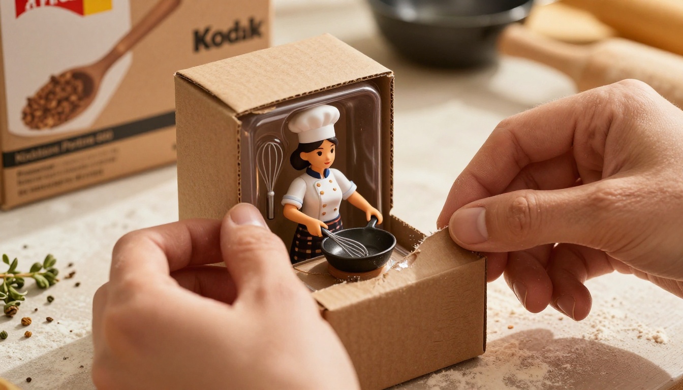 Woman's hands opening a cardboard box to reveal a chef action figure with a tiny whisk