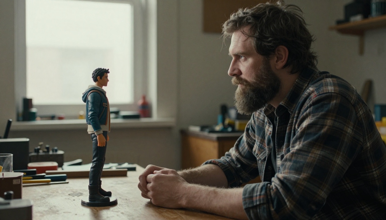Bearded man crouching beside a matching action figure of himself on a wooden workbench