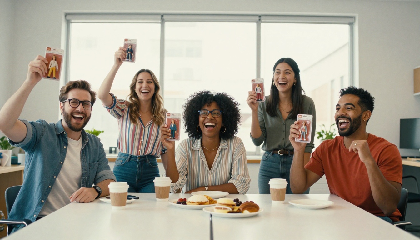 Five coworkers laughing in an office kitchen while holding action figure packages of themselves