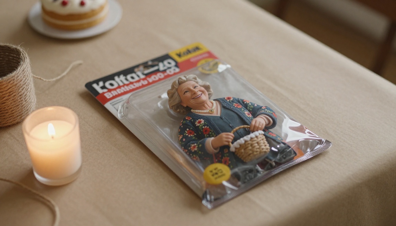 Birthday table with a sealed action figure package of a smiling grandmother as the centerpiece