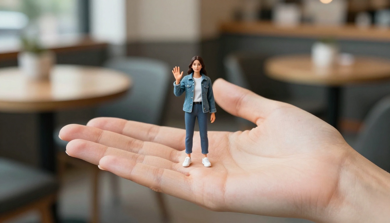 A woman's open palm in a sunlit cafe window seat with a tiny lifelike copy of herself in a denim jacket waving from the center