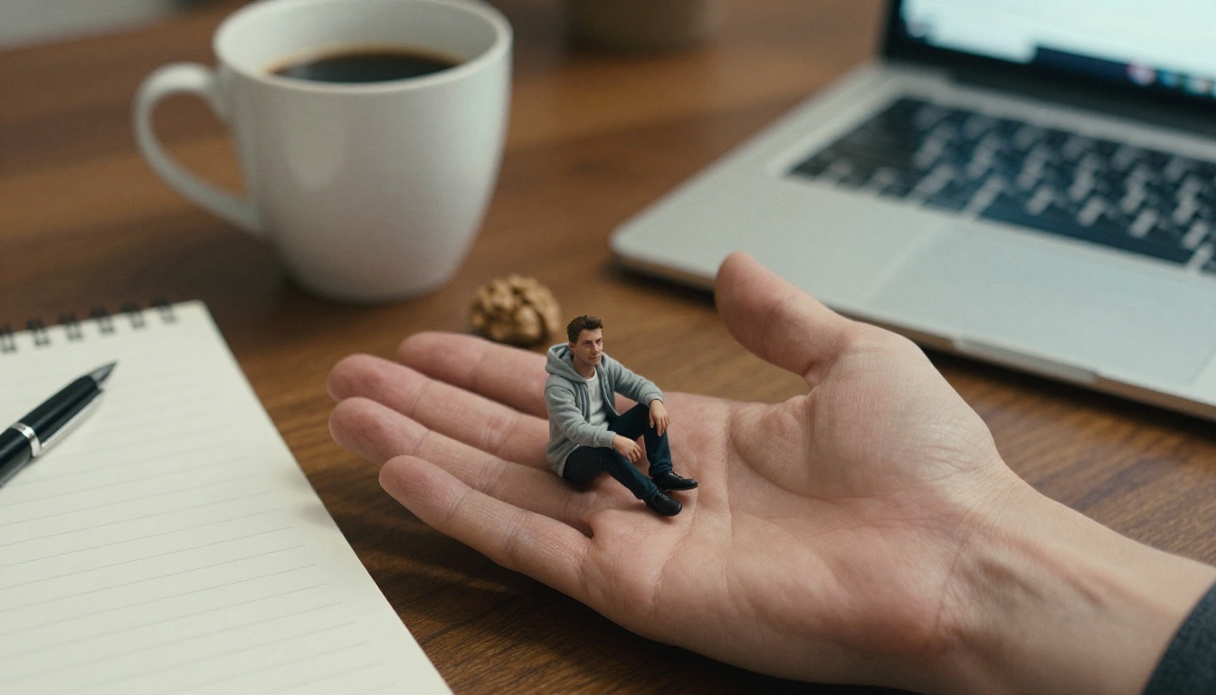 Top-down view of a man's open palm on a walnut desk with a tiny copy of himself in a gray hoodie sitting cross-legged on it