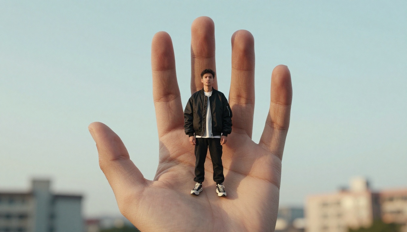 Low-angle photo of a raised hand against a blue sky with a tiny man in a black bomber jacket and chunky sneakers standing on the palm
