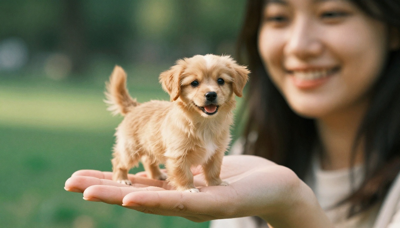 Close-up of a woman's palm in a park with a tiny miniature golden retriever standing on it