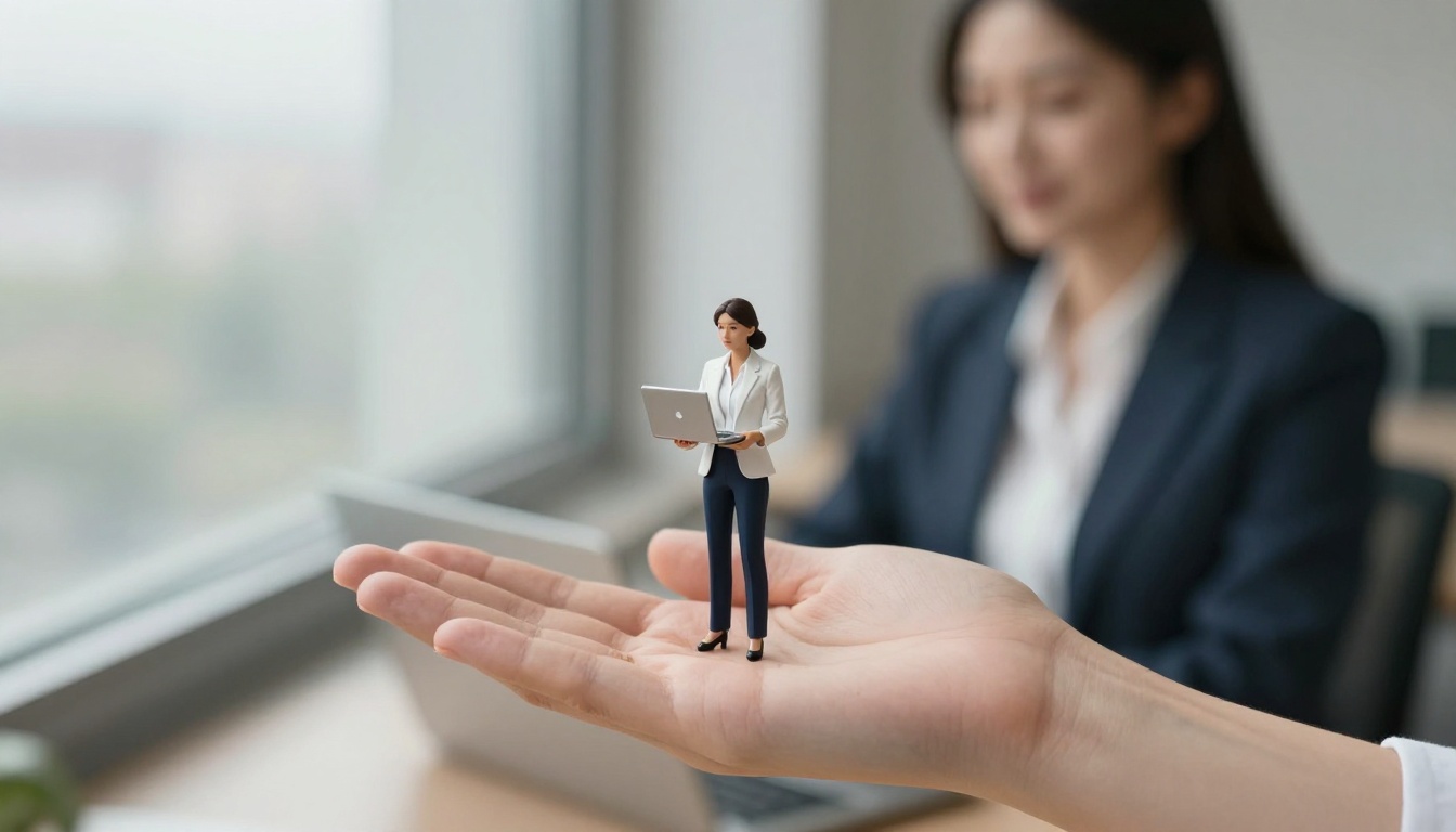 A hand held palm up in an office with a tiny woman in a navy blazer holding a small laptop standing on it