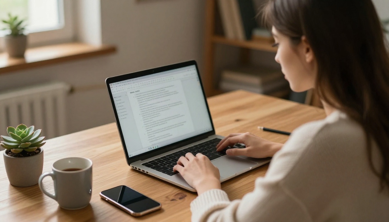 A young woman at a wooden desk in a warm home office working on a laptop with a phone and a mug beside her