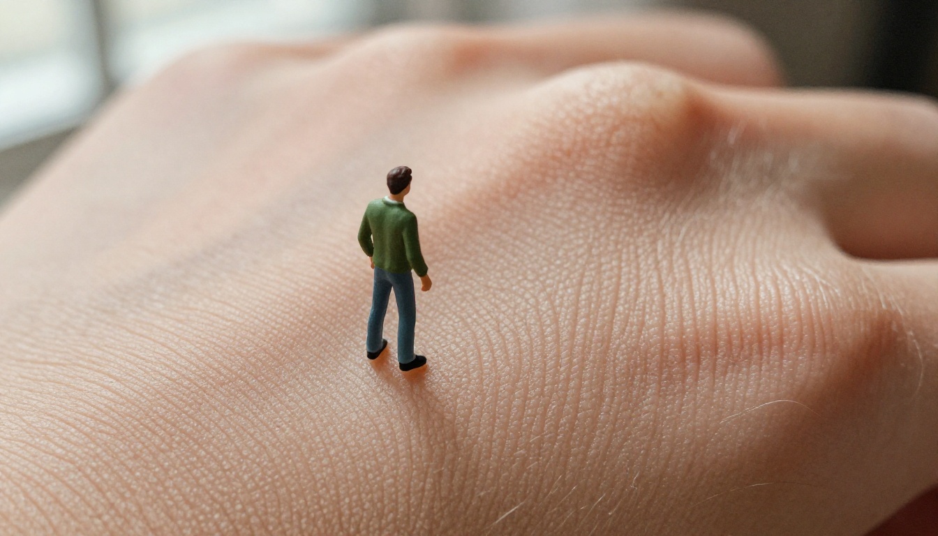 Extreme macro of a palm with a thumb-sized person in a green sweater and jeans standing between the palm lines