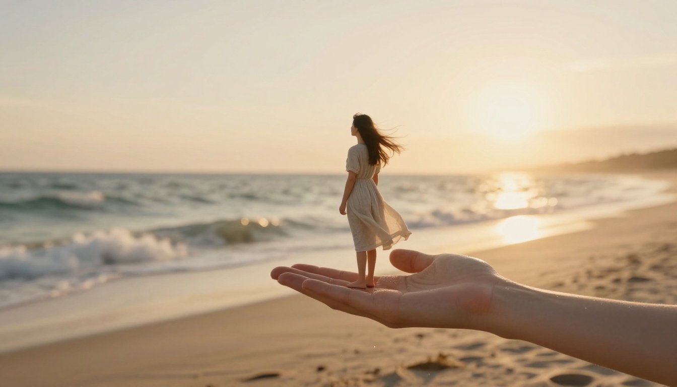 A woman's extended hand on a windswept golden hour beach holding a tiny copy of herself in a linen dress with hair blowing in the breeze