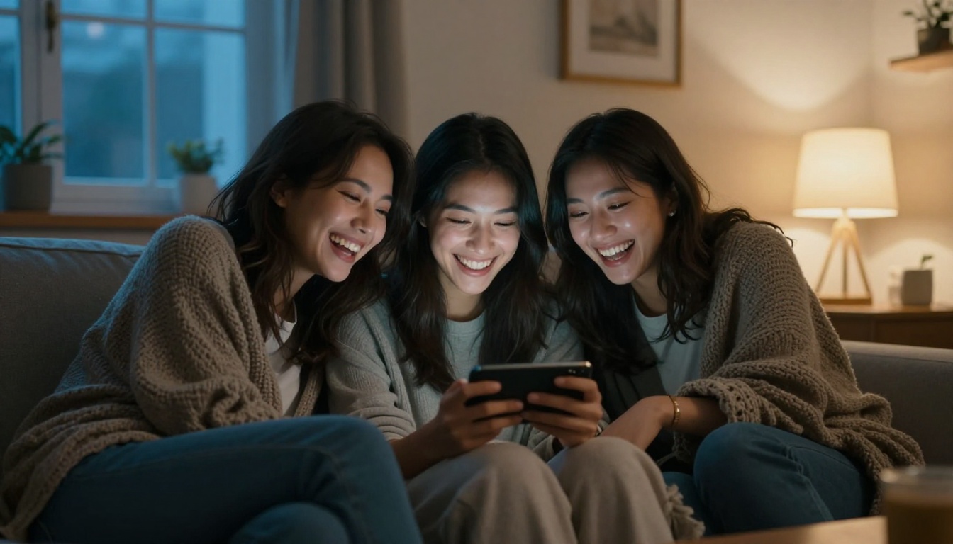 Three friends laughing together on a sofa at dusk while looking at a phone