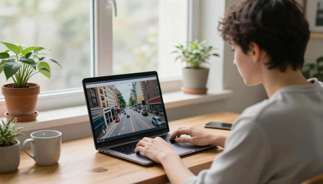 A creator watching a satellite zoom out play on a laptop in a bright home studio