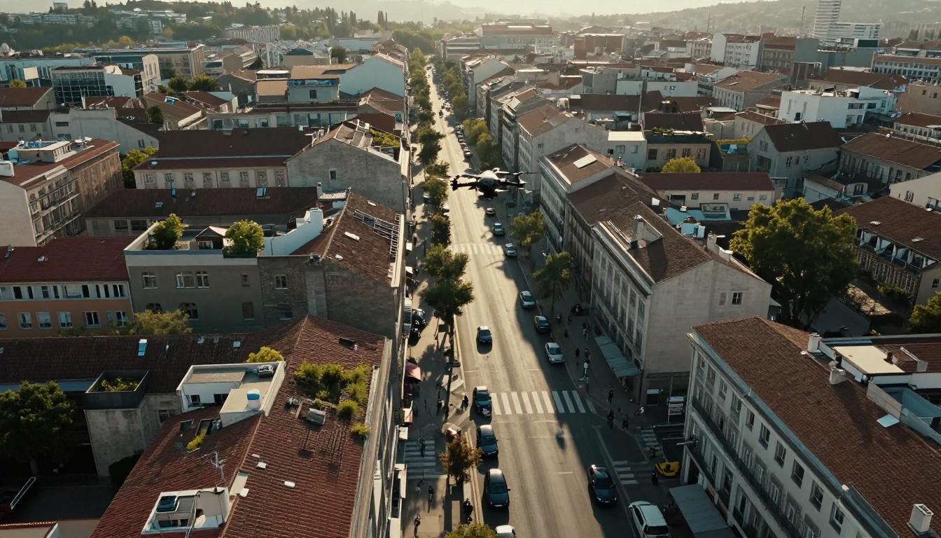 Straight-down aerial view of a dense city street grid at dusk