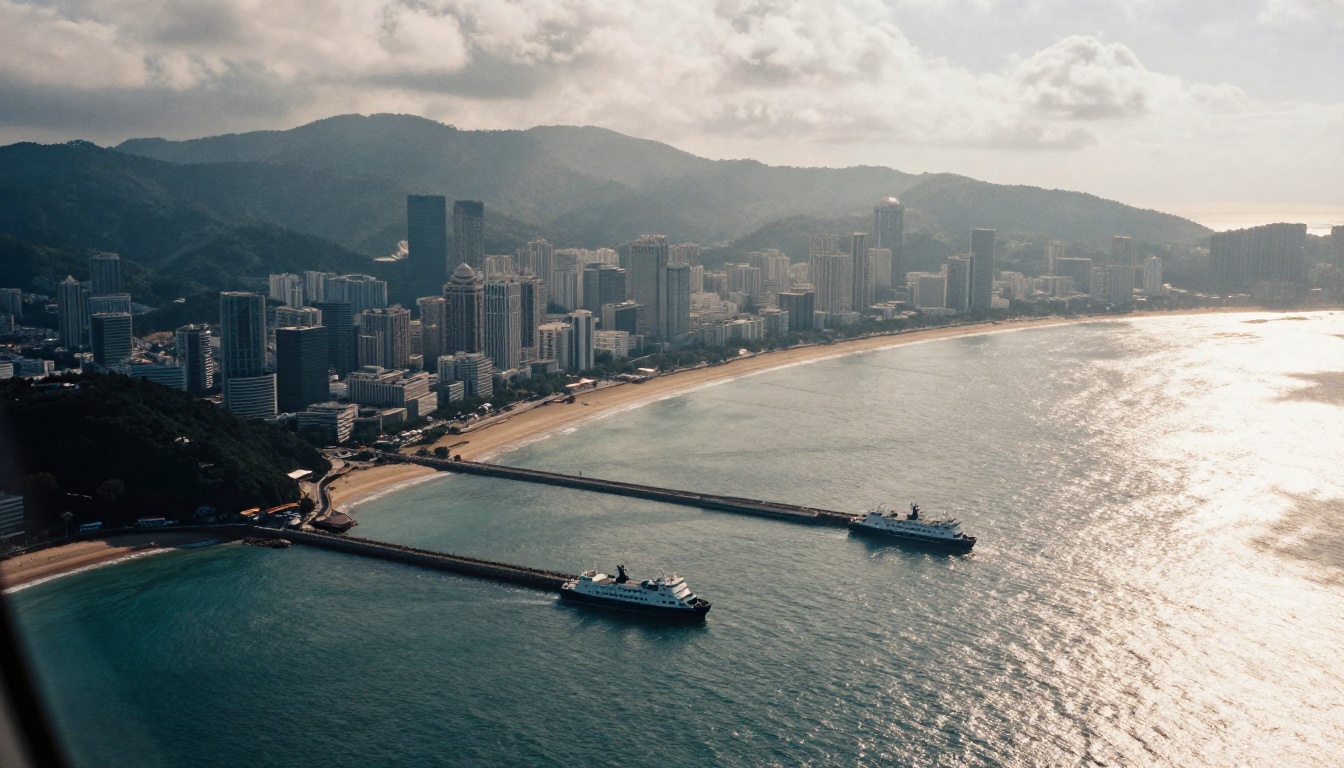 High aerial view of a coastal city with a harbor and a long beach