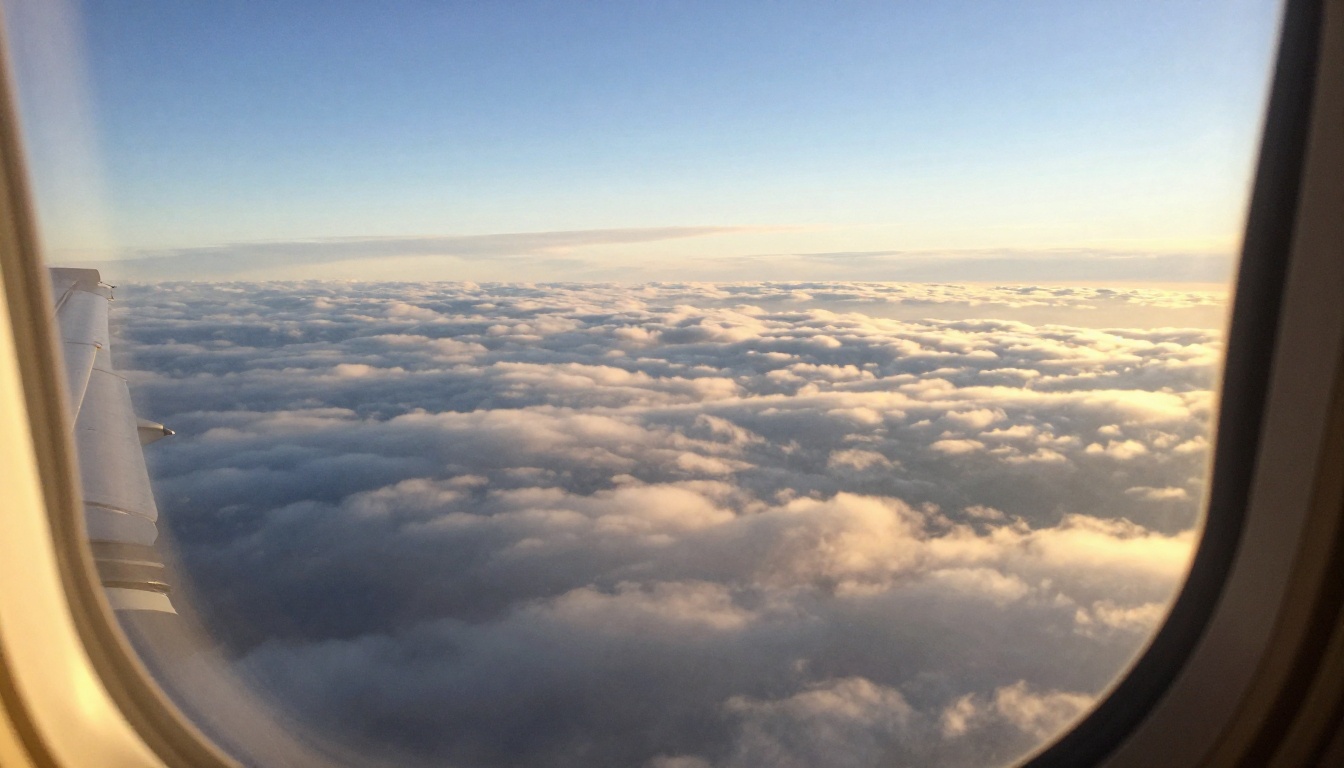 View from an airliner window above a carpet of clouds at sunrise