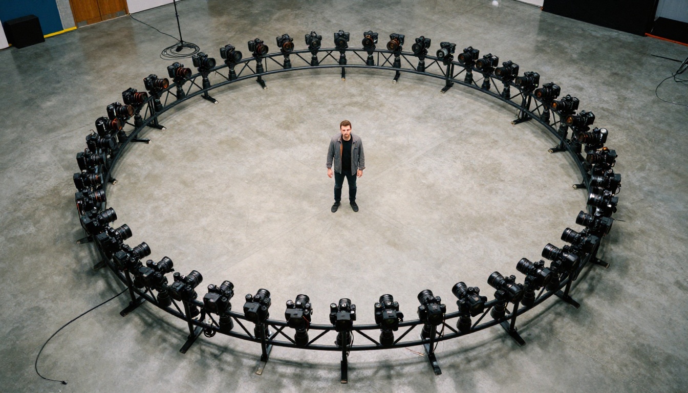 Overhead view of a circular ring of mirrorless cameras surrounding a man standing at the center of a studio