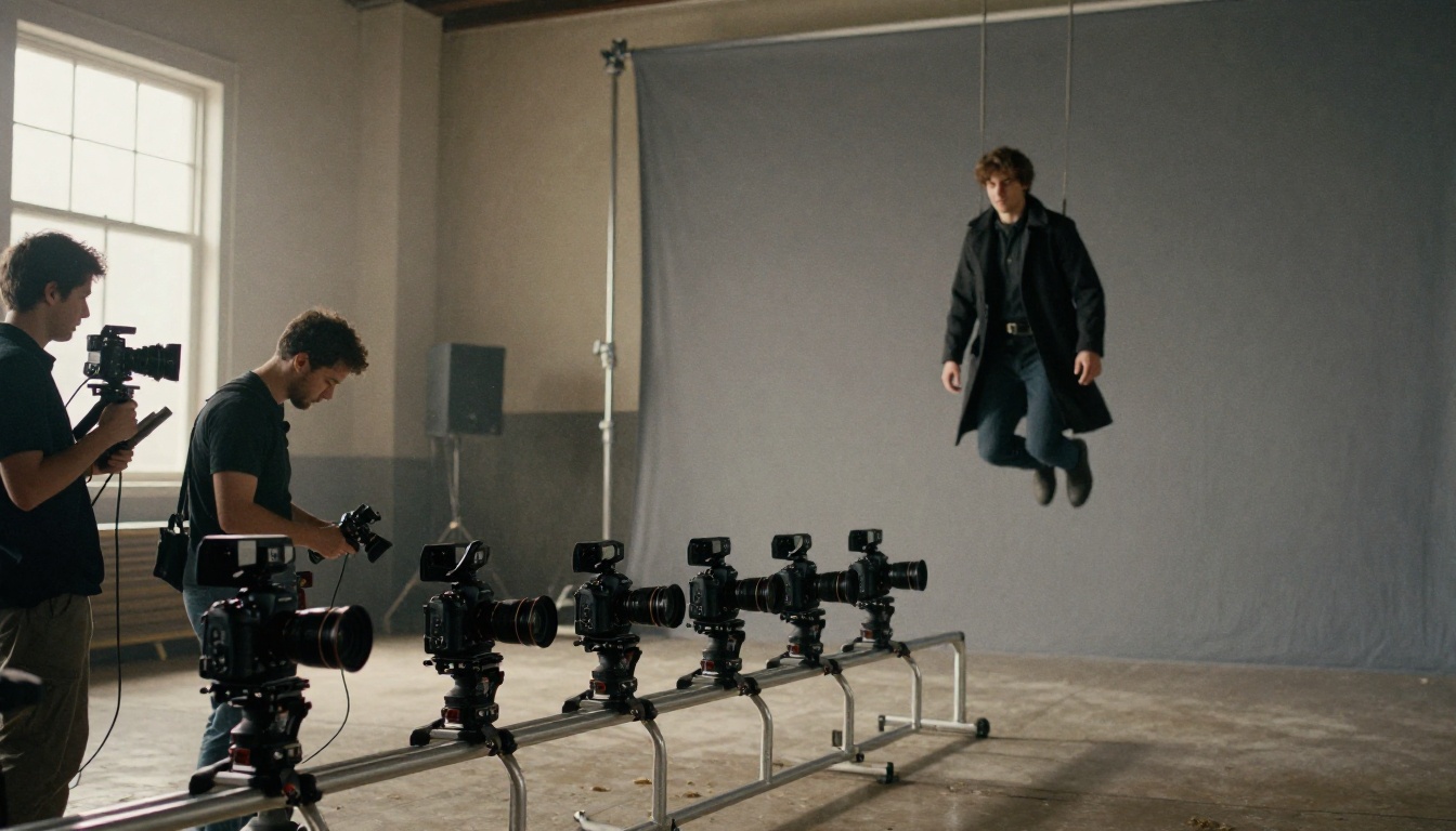 Curved rail of cameras on a film set with a stuntman suspended mid-jump in front of a grey backdrop