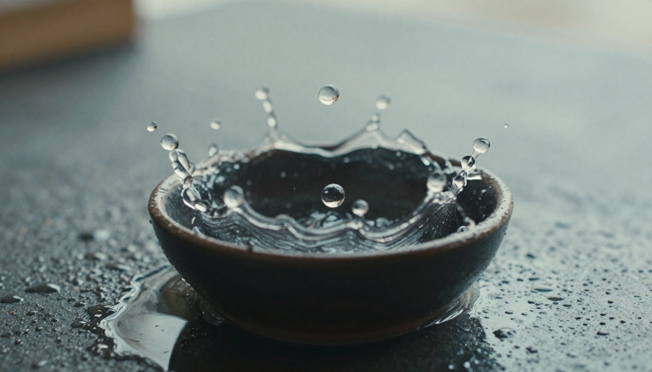 Macro low angle photograph of a crown shaped water splash frozen above a dark ceramic bowl